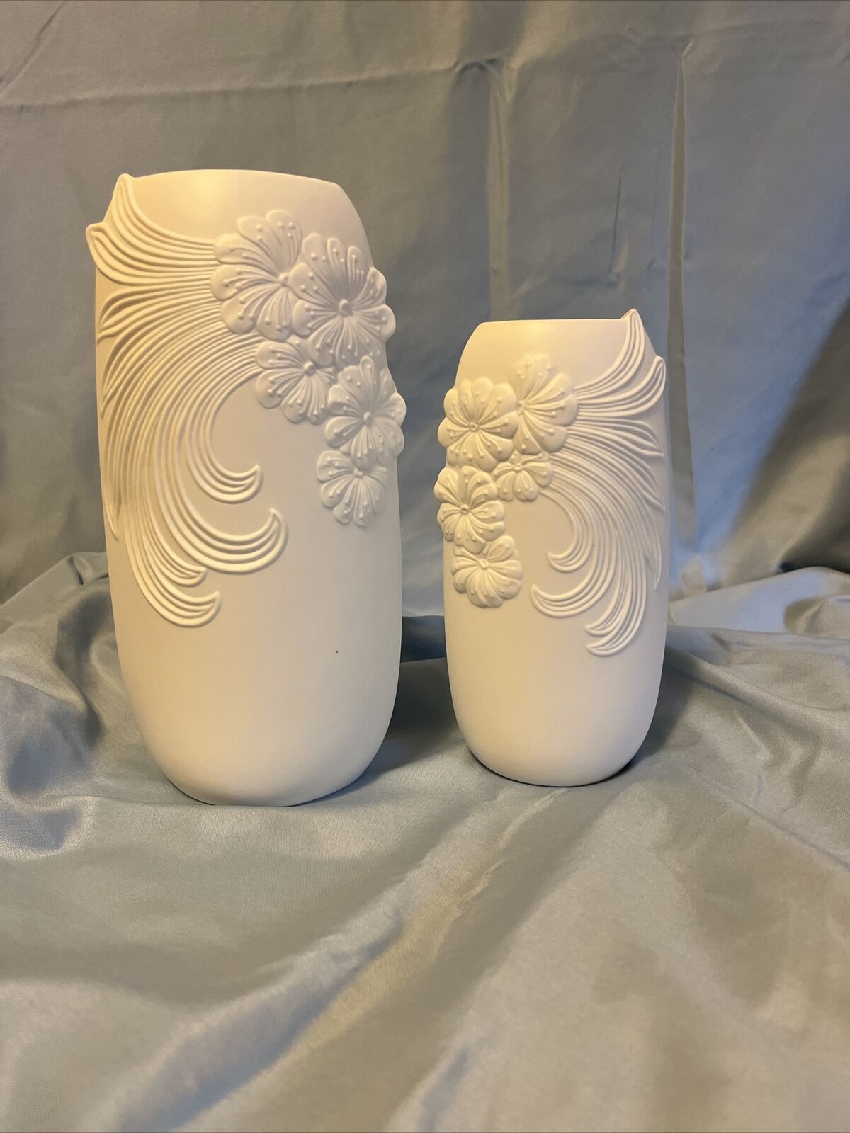 Vintage AK Kaiser white bisque floral porcelain vase.  139/1 (7”), 139/2 (9”).