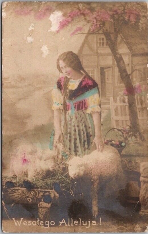Vintage 1920 Polish EASTER Photo RPPC Postcard Girl w/ Lamb 