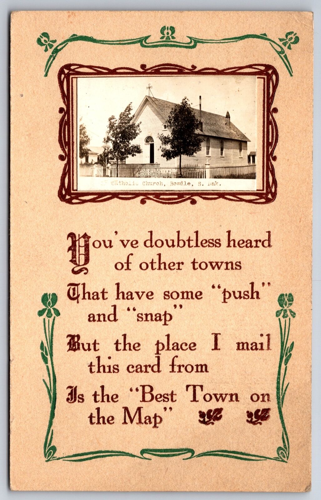 Bowdle South Dakota~Catholic Church Mini RPPC~Best Town On Map Poem~c1912 