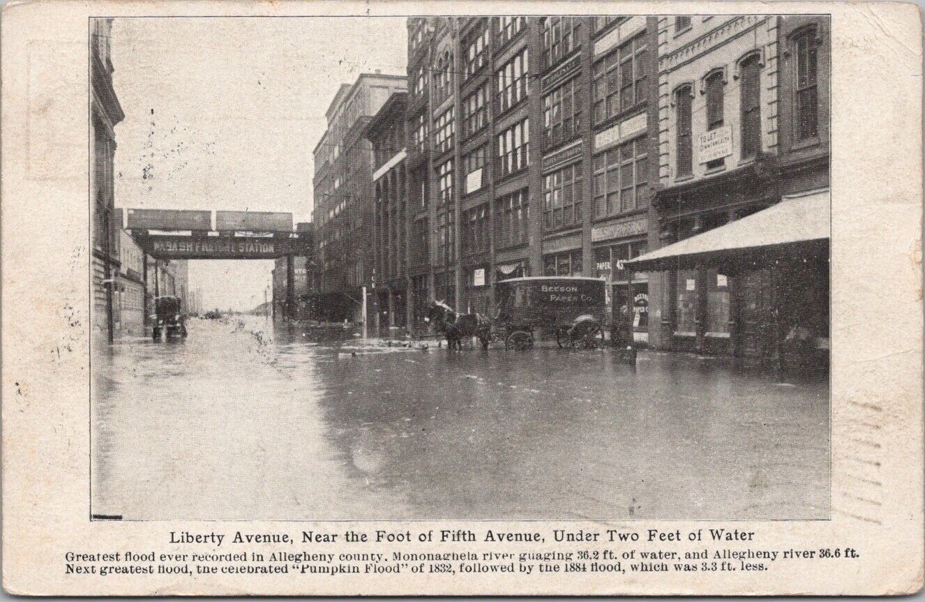 Vintage 1908 PITTSBURGH Pennsylvania Postcard 1907 Flood Scene / Liberty Ave.