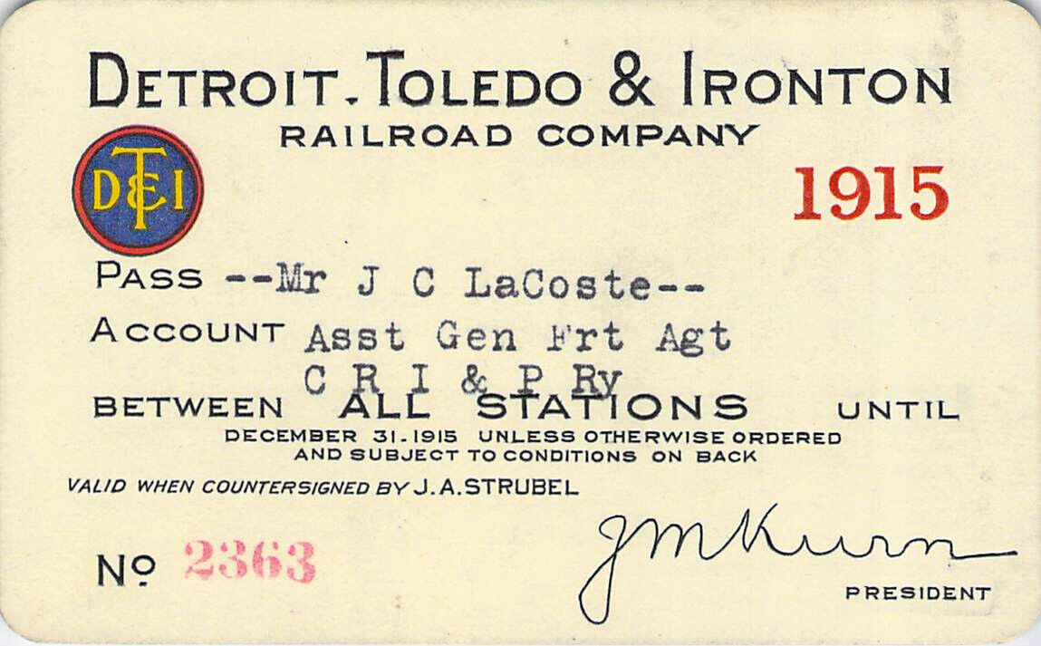 DETROIT TOLEDO IRONTON 1915  RAILROAD RR RY RAILWAY PASS