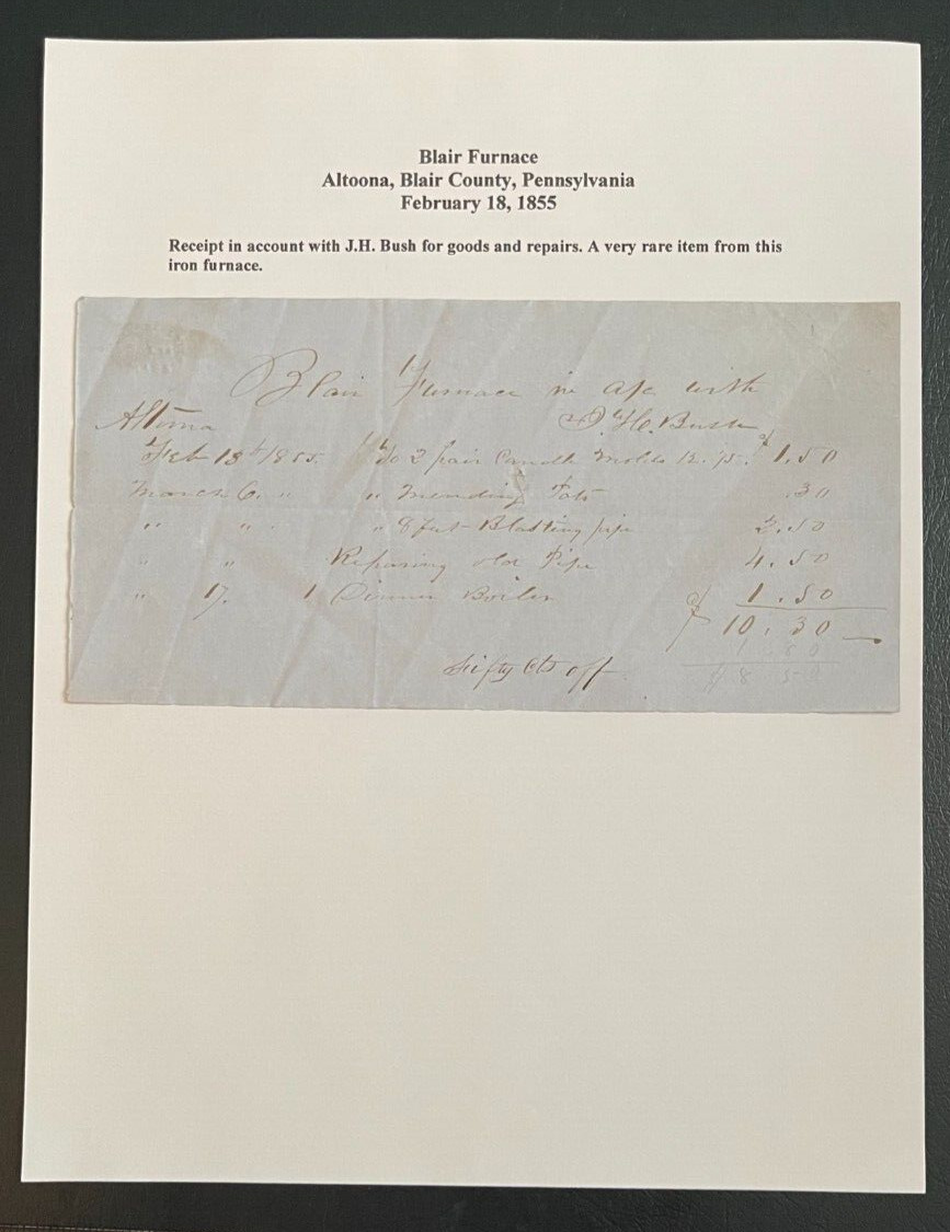 1855 Receipt from Blair Iron Furnace Altoona, Blair County, PA