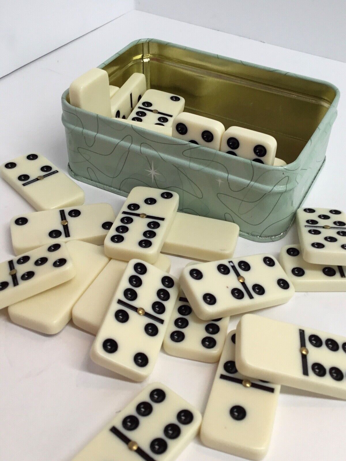 Dominos game tin mid century modern retro design ivory gift 