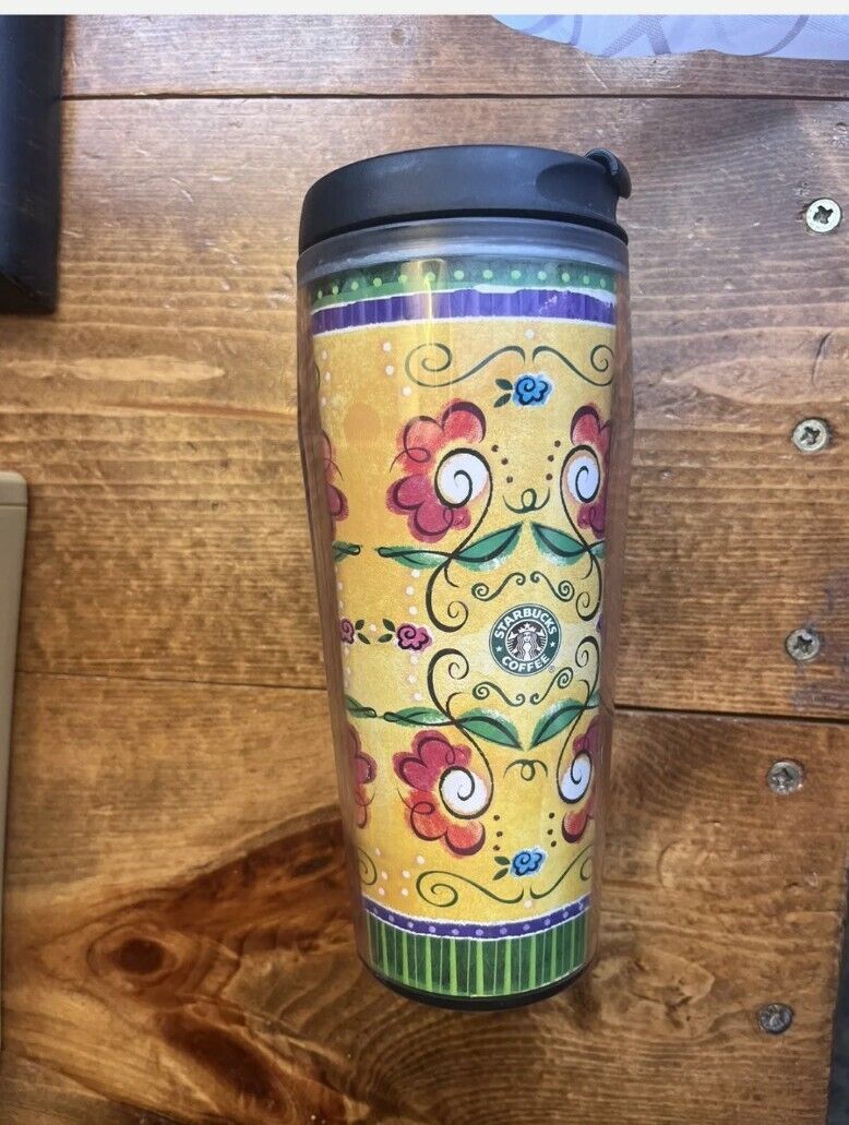 2003 Starbucks16 oz Plastic Travel Coffee Tumbler Cup Flowers Bees