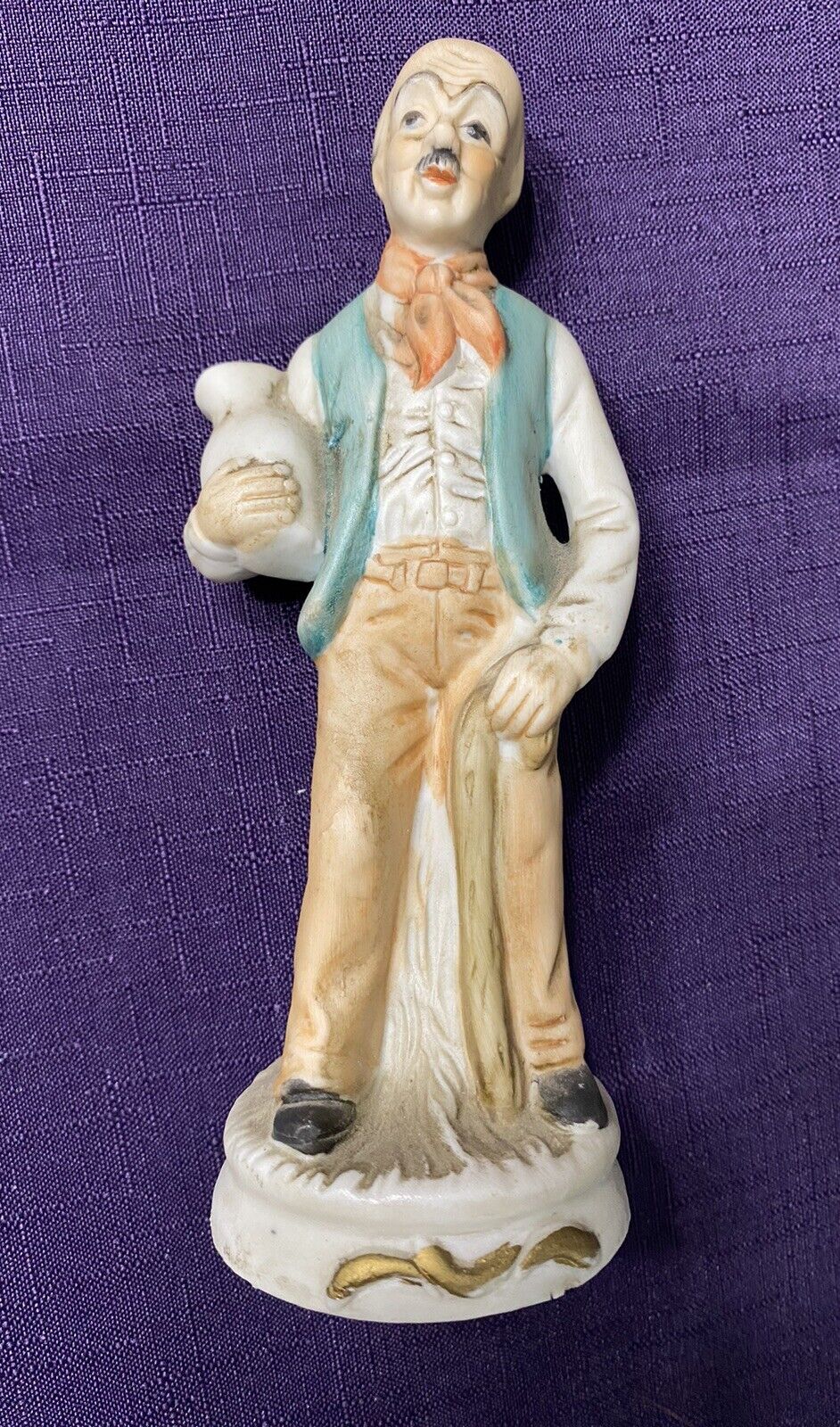 Flambro Fine Porcelain Old Man W/Water Jug And Cane Figurine 6.5” Made In Taiwan