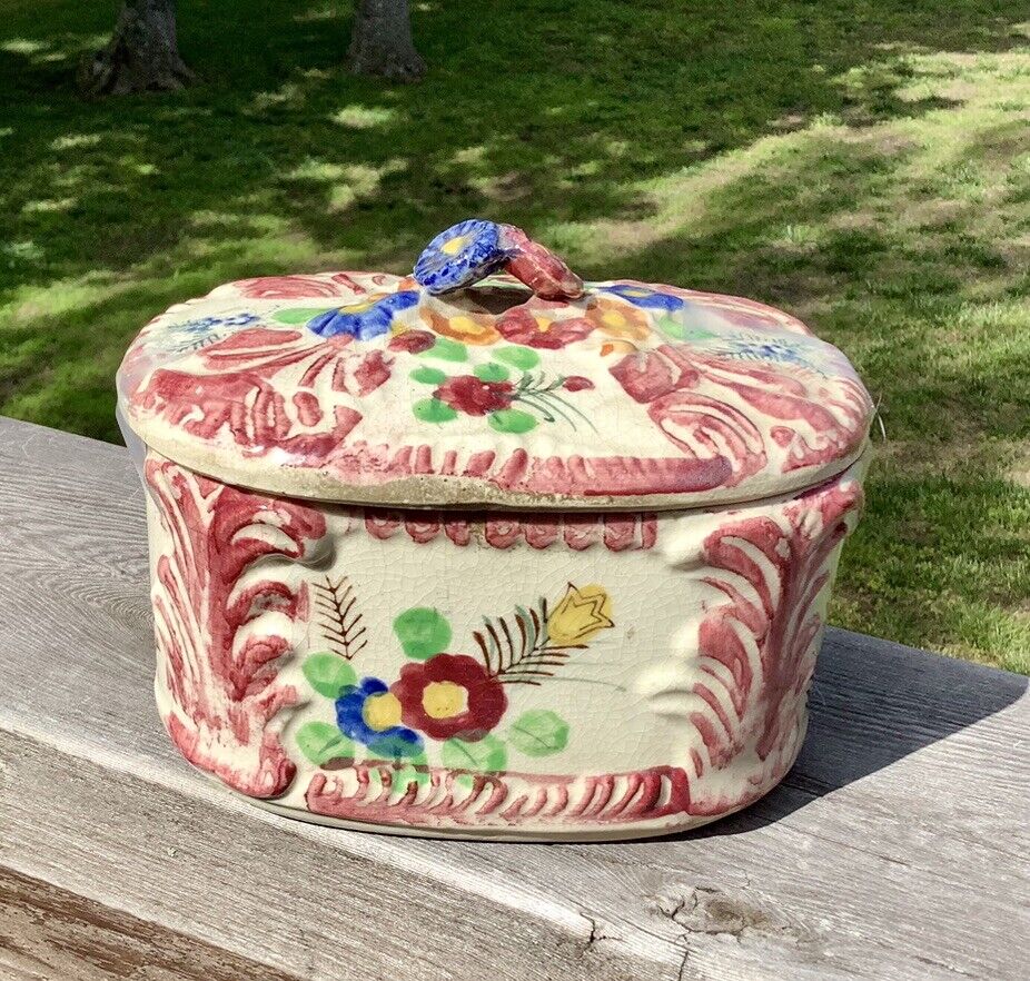 Vintage Hand Painted Raised Floral Lidded Trinket/Candy Dish Japan 6.5x6x4”