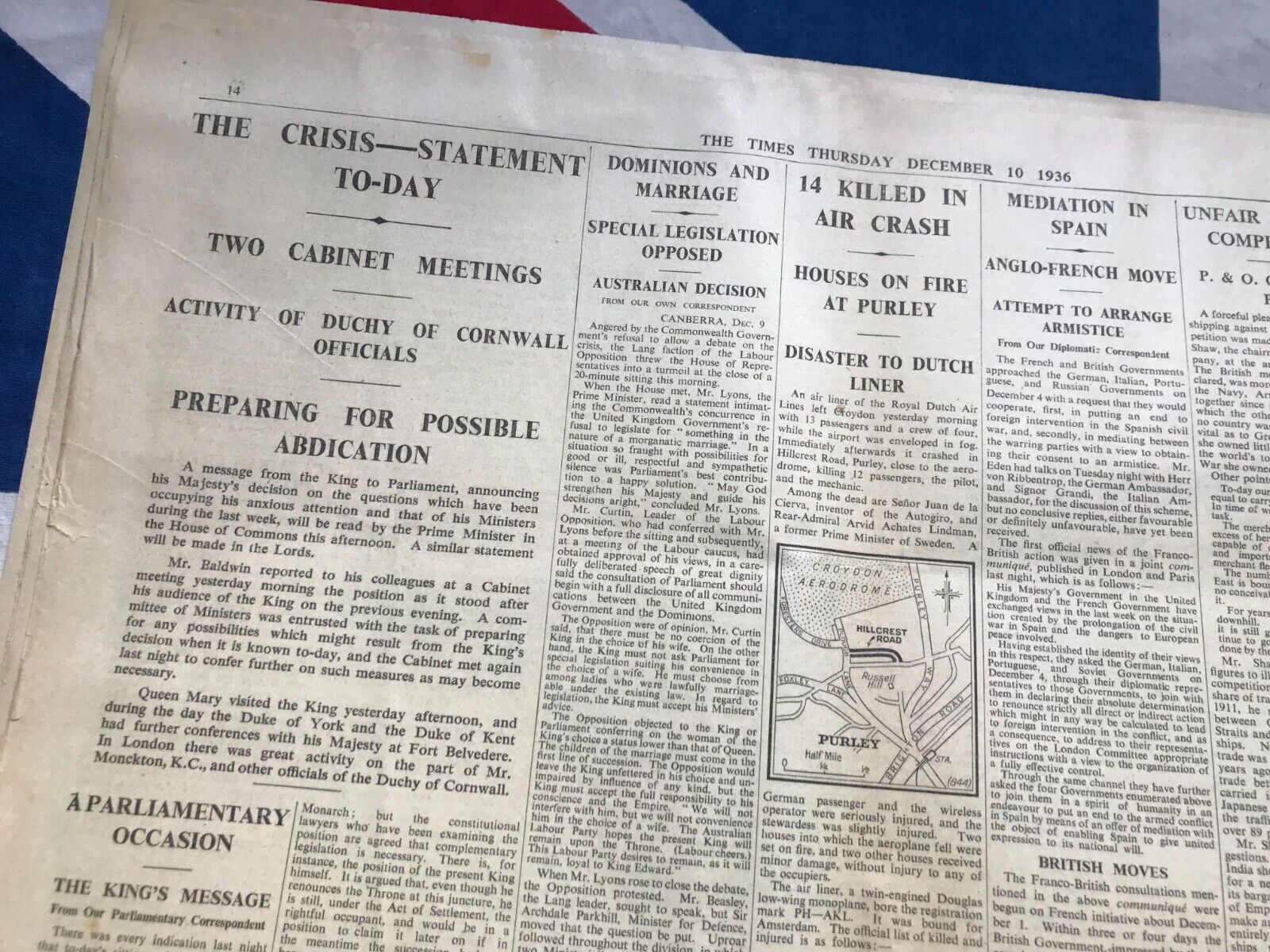 1936 UK Newspaper Edward VIII Abdication  Christmas Circus Dutch Air Crash