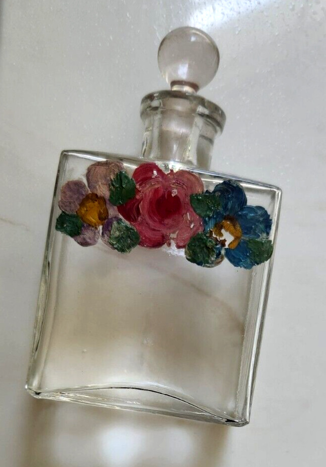VINT./ANTIQUE  HAND PAINTED FLOWERS ON GLASS  PERFUME BOTTLE-GLASS STOPPER #1257