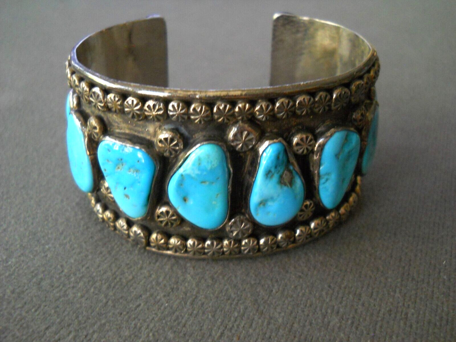 Native American Blue Turquoise Row Sterling Silver Solar Stamps Bracelet 82g