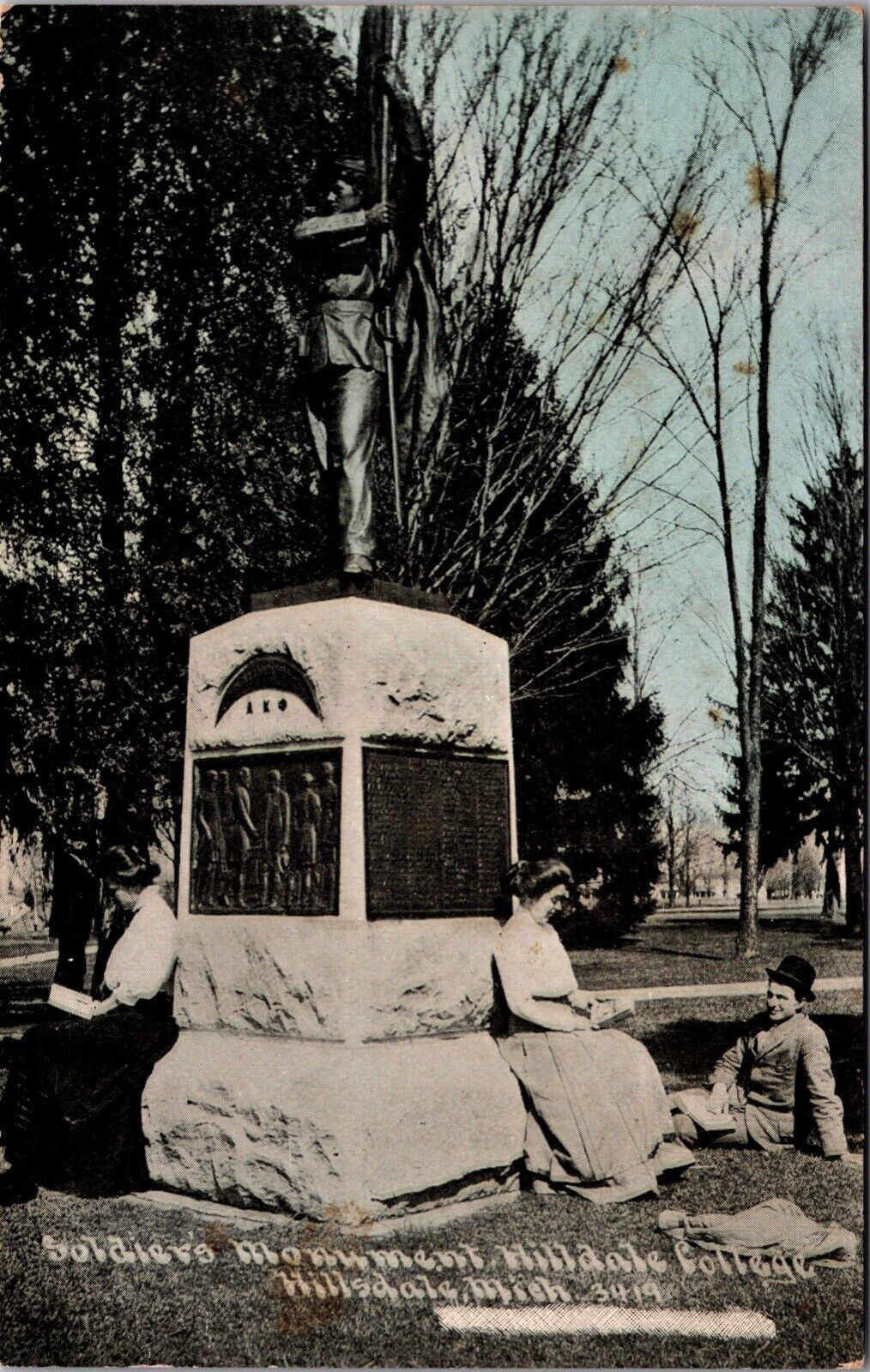 Postcard Soldier\'s Monument at Hillsdale College in Hillsdale, Michigan