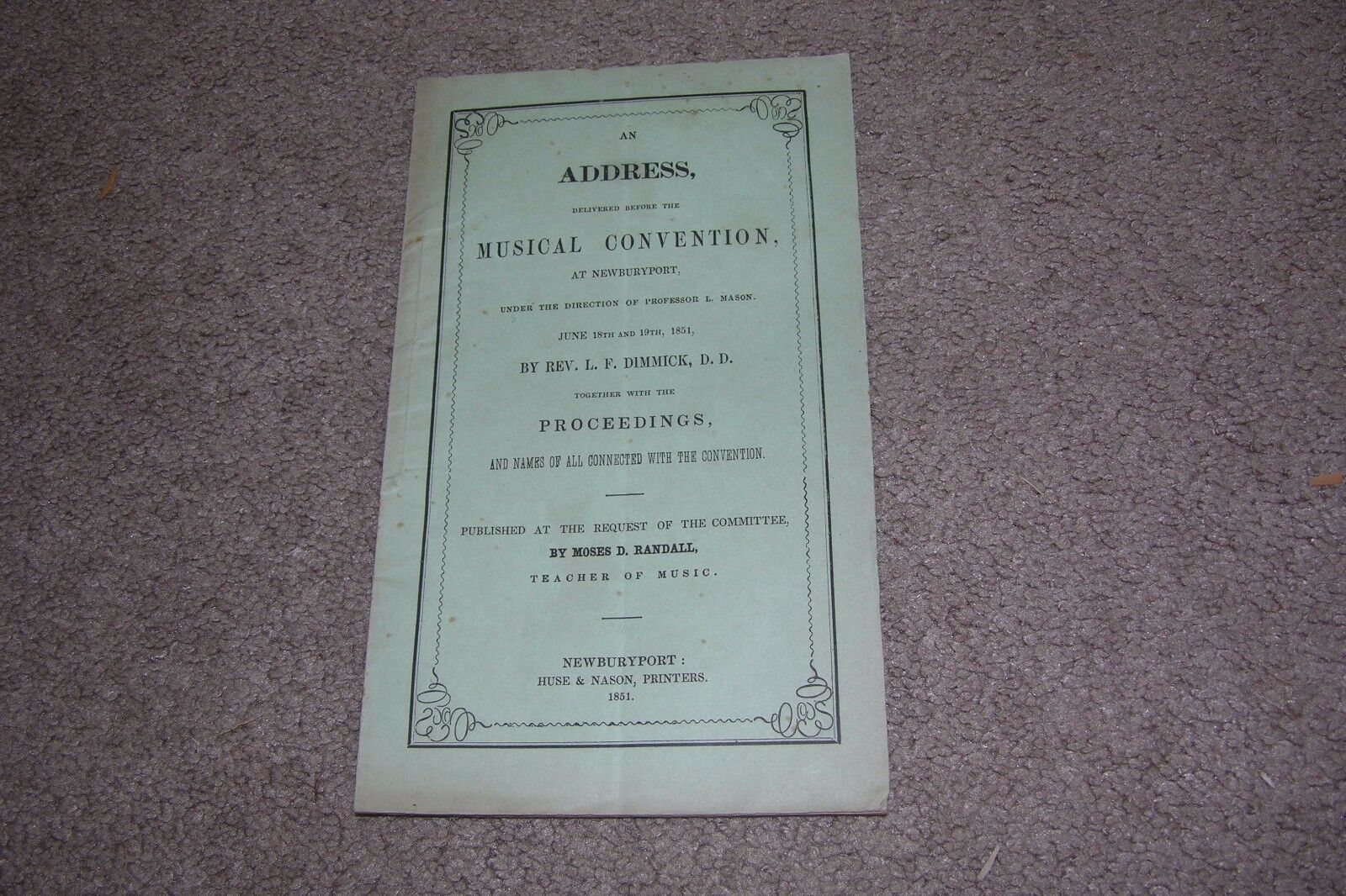 1851 Address Musical Convention Newburyport MA by Rev. Dimmick