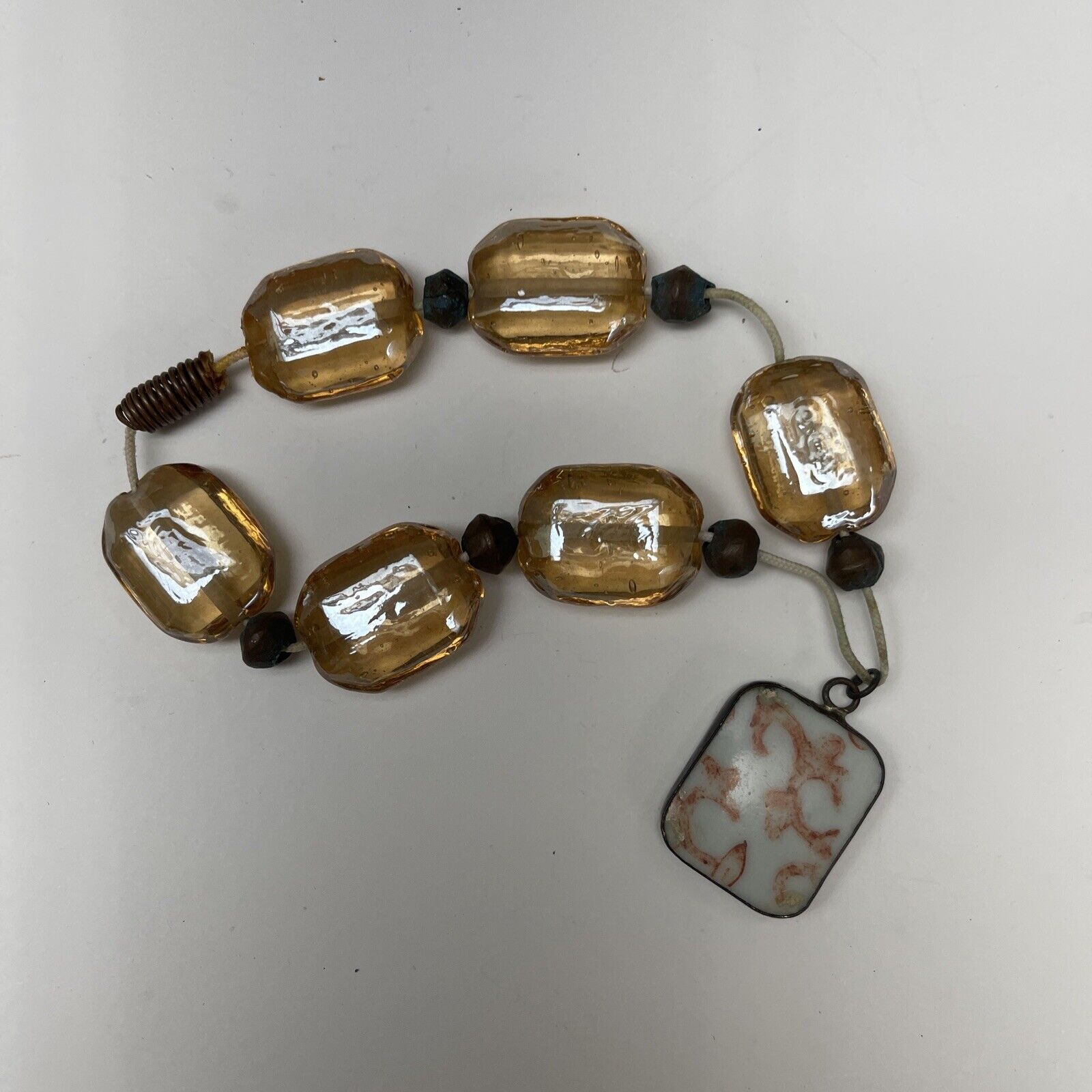 Vintage Citrine Glass & Ceramic & Brass Prayer Beads