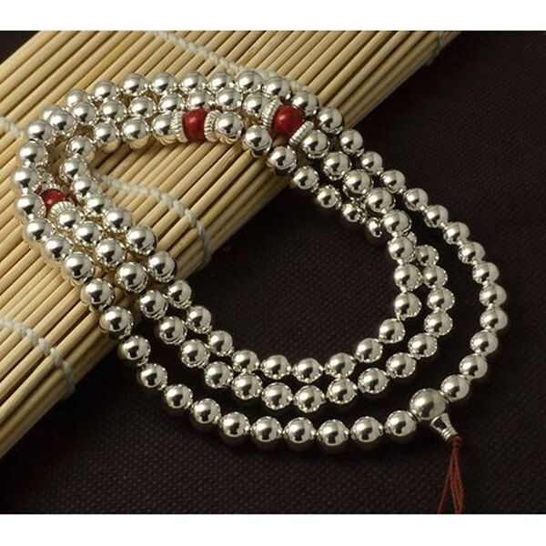 6mm Tibetan Buddhism 108 Tibetan silver Hollow Bead & Spacer Bead Mala Necklace