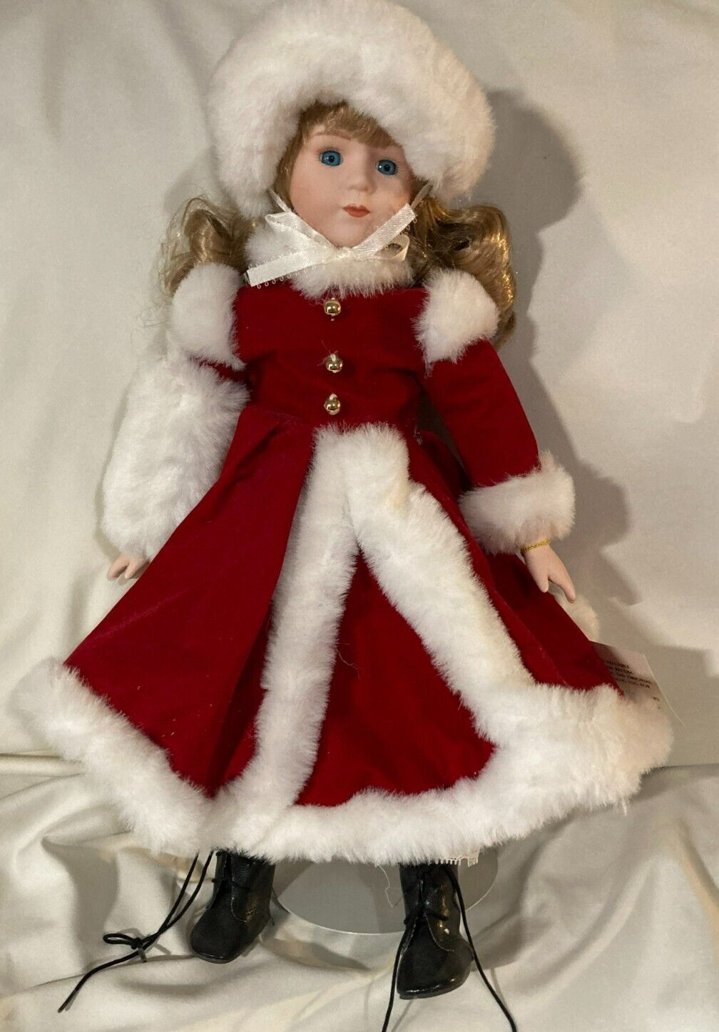 Anco Karen Special Edition 1991 Porcelain Doll on Stand with Red Christmas Coat 