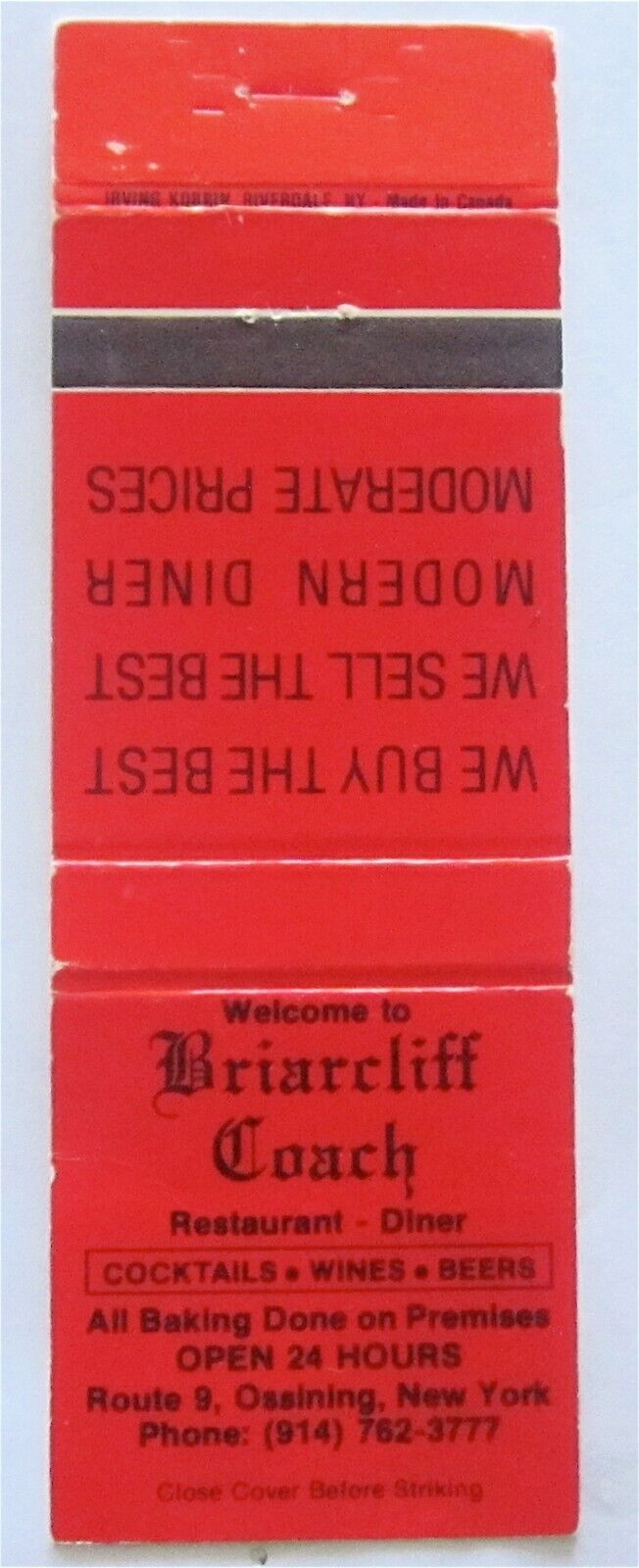 BRIARCLIFF COACH RESTAURANT - DINNER, OSSINING, NY MATCHBOOK COVER