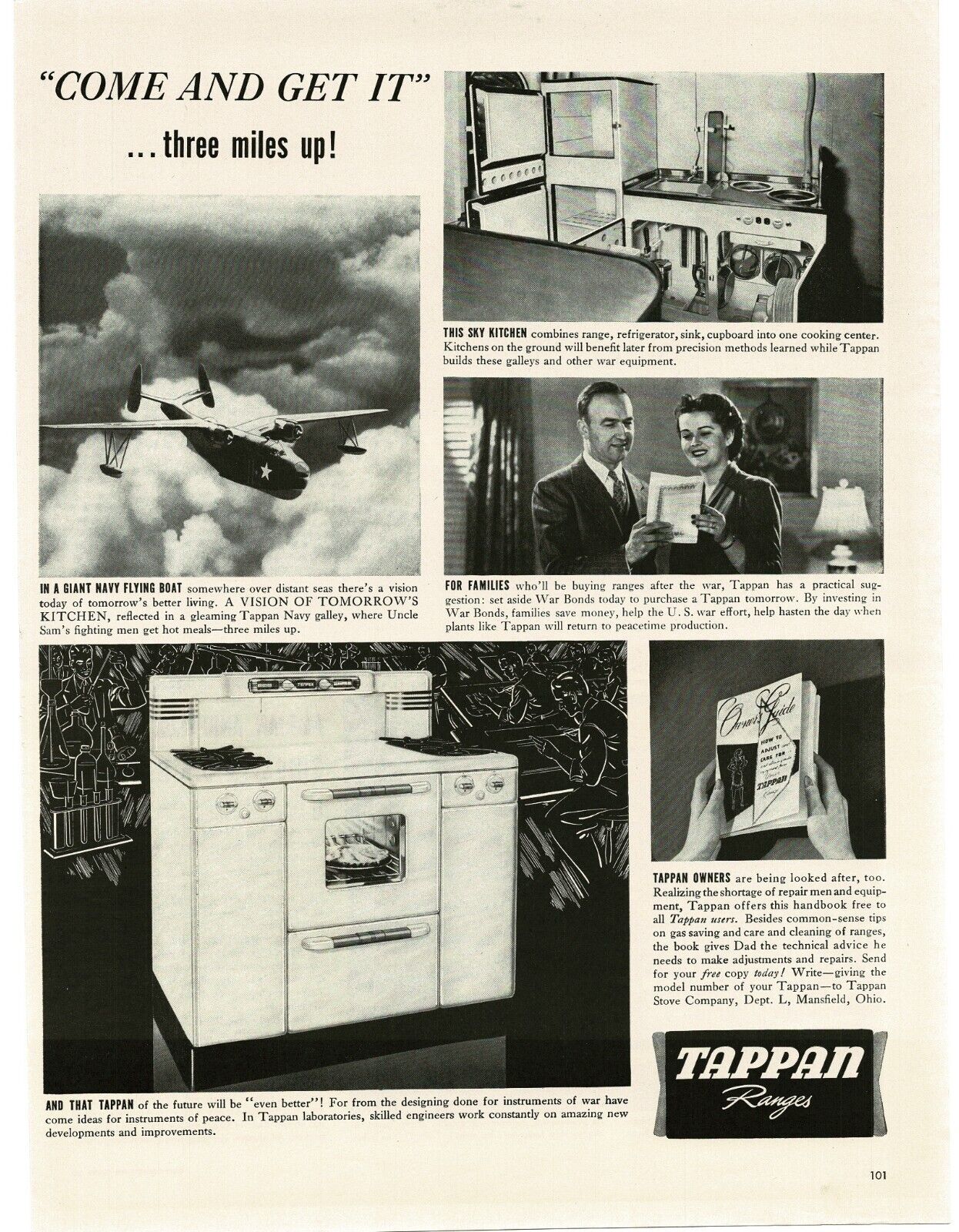 1943 Tappan Range Stove Oven US Navy PBM Mariner Galley WWII Vintage Print Ad