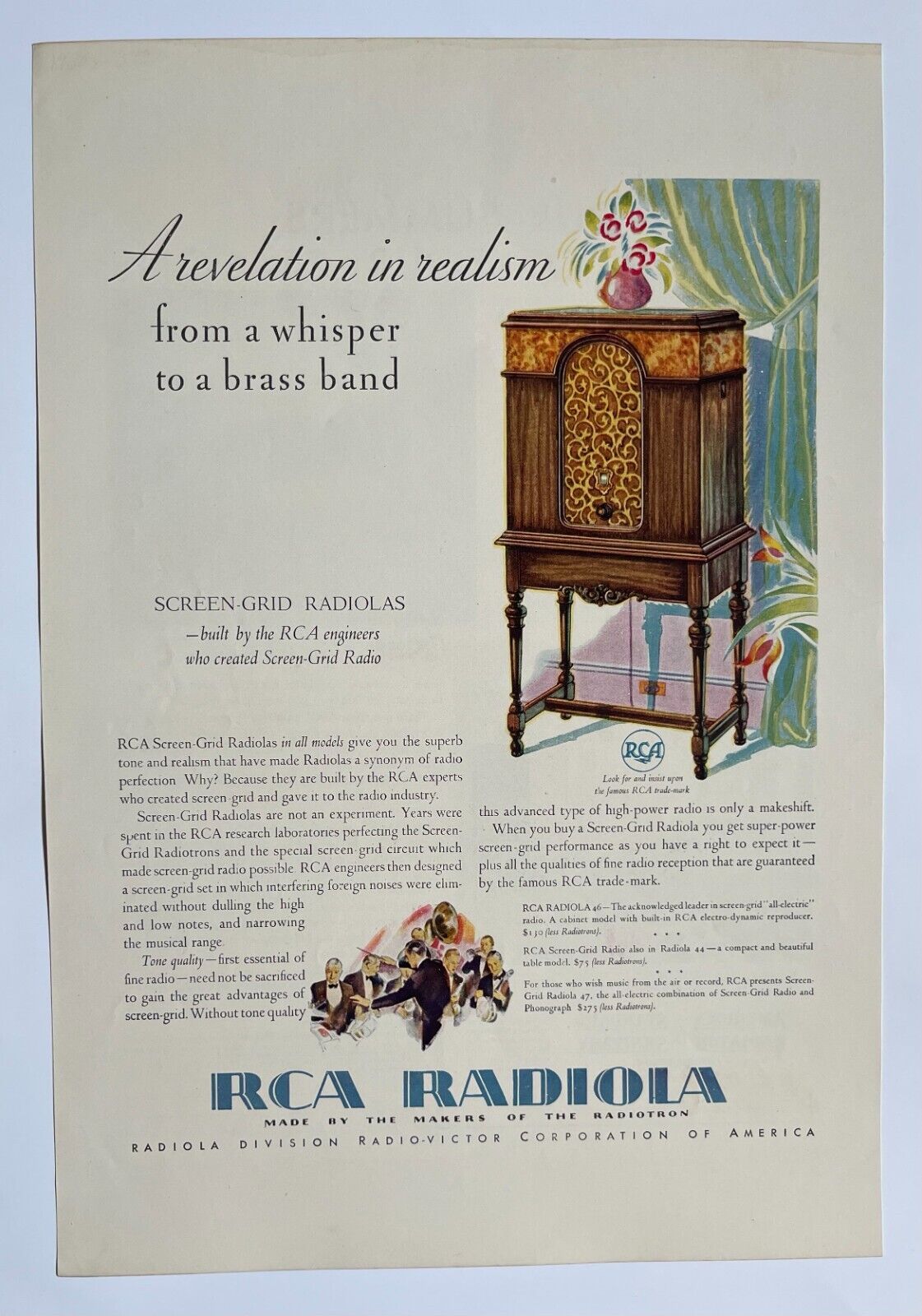 1929 RCA Radiola  Orchestra Superb Tone Vintage Color Print Ad-CRC2