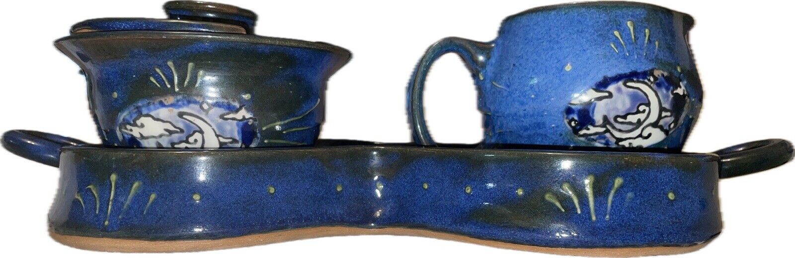 Handcrafted Glazed Pottery Sugar & Creamer Set *GORGEOUS* Moon & Stars Illus.