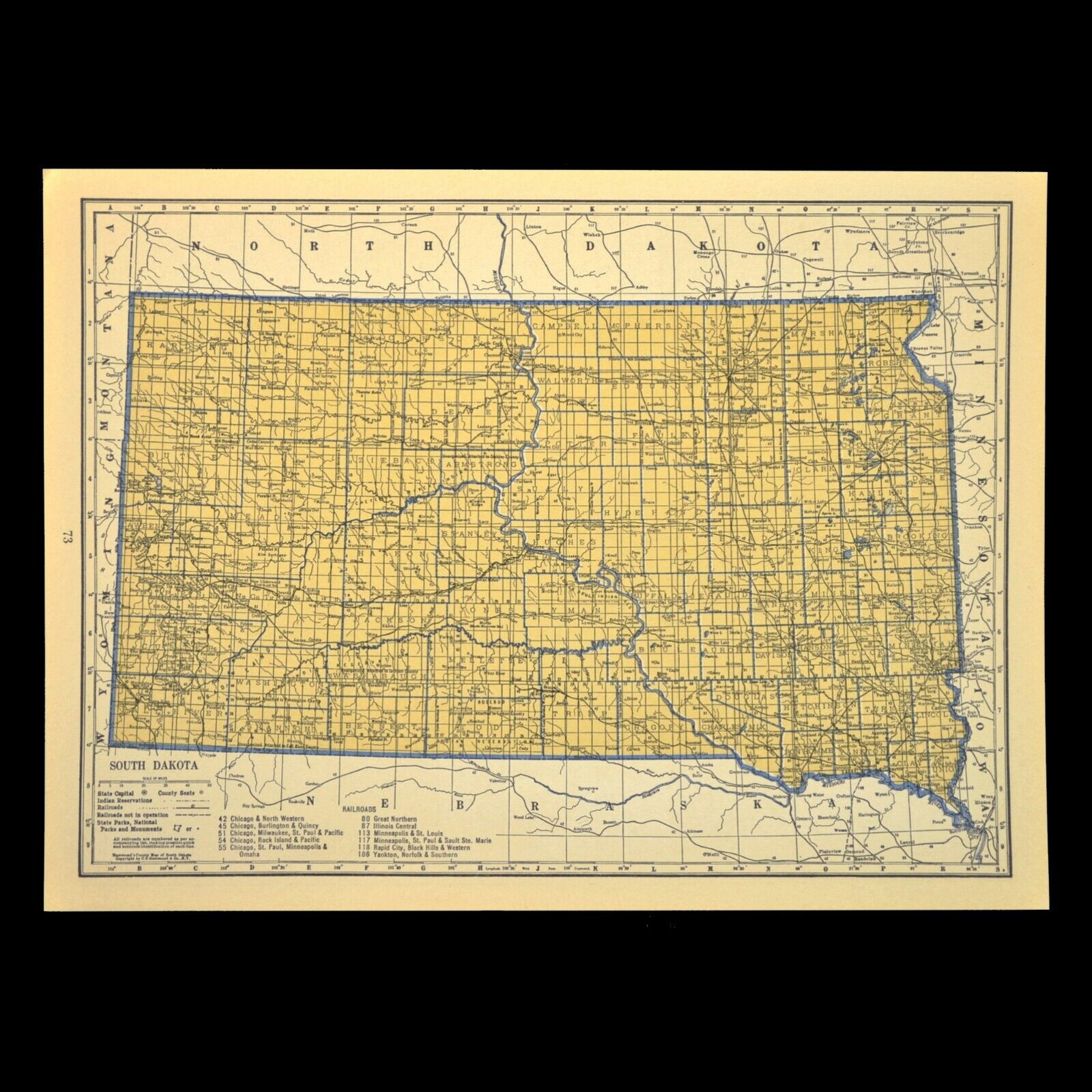ca1939 SOUTH DAKOTA Railroad Map Depot Towns CNW RR Historic Original Atlas Map