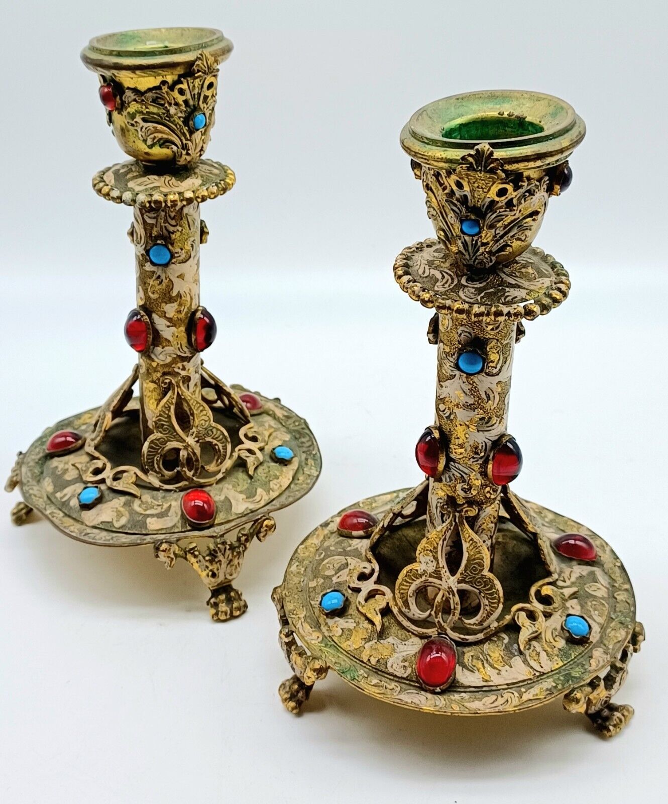 Vintage Antique Ornate Rhinestone Metal Candleholders Pair 5 1/2\