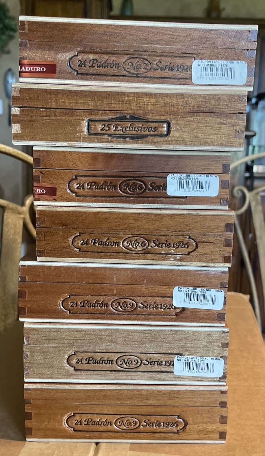 Lot Of 7  Mix Padron Cigars Boxes Natural Hinged Empty  Padron Excellent Cond