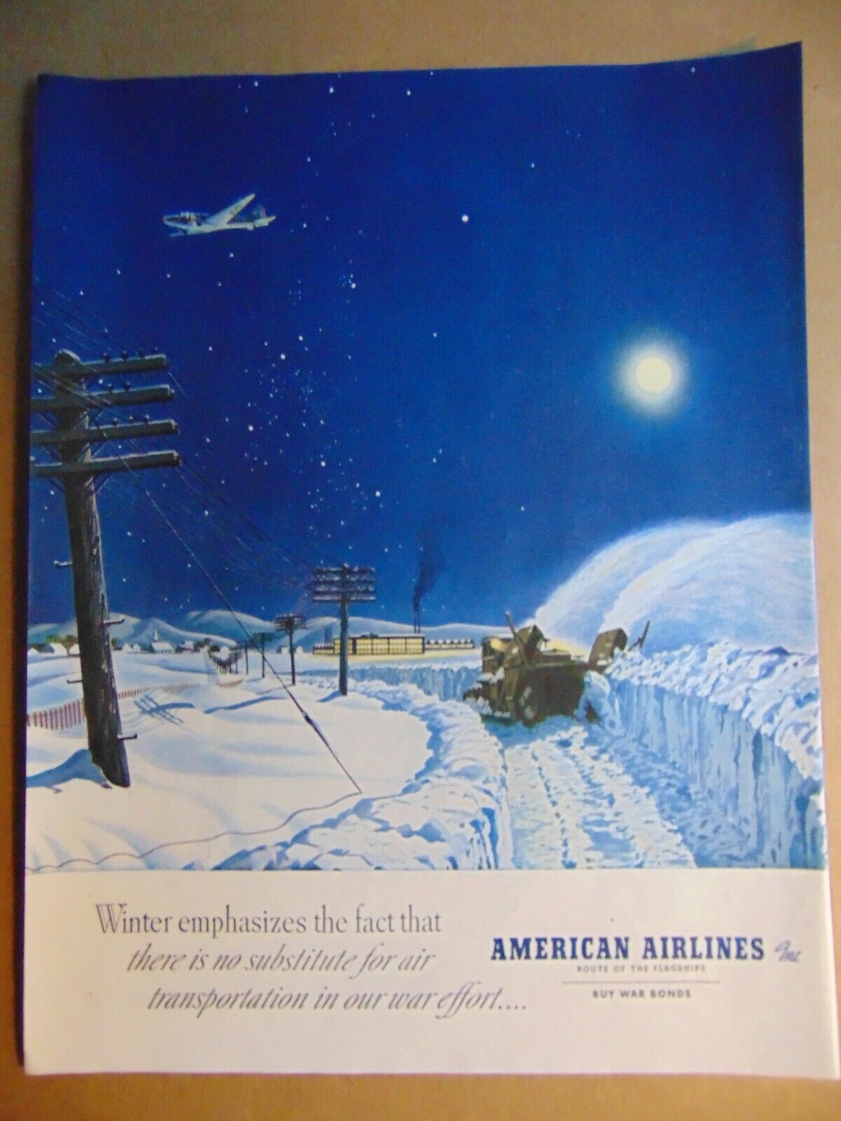 1942 Winter Night Flight AMERICAN AIRLINES vintage art print ad