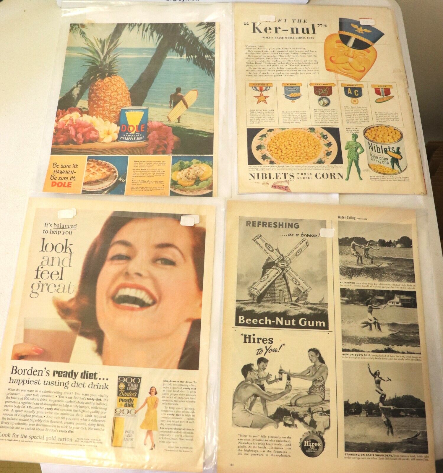 4 Vintage 1940s-60s Food Print Ads Dole Niblets Corn Beech Nut Gum Borden 