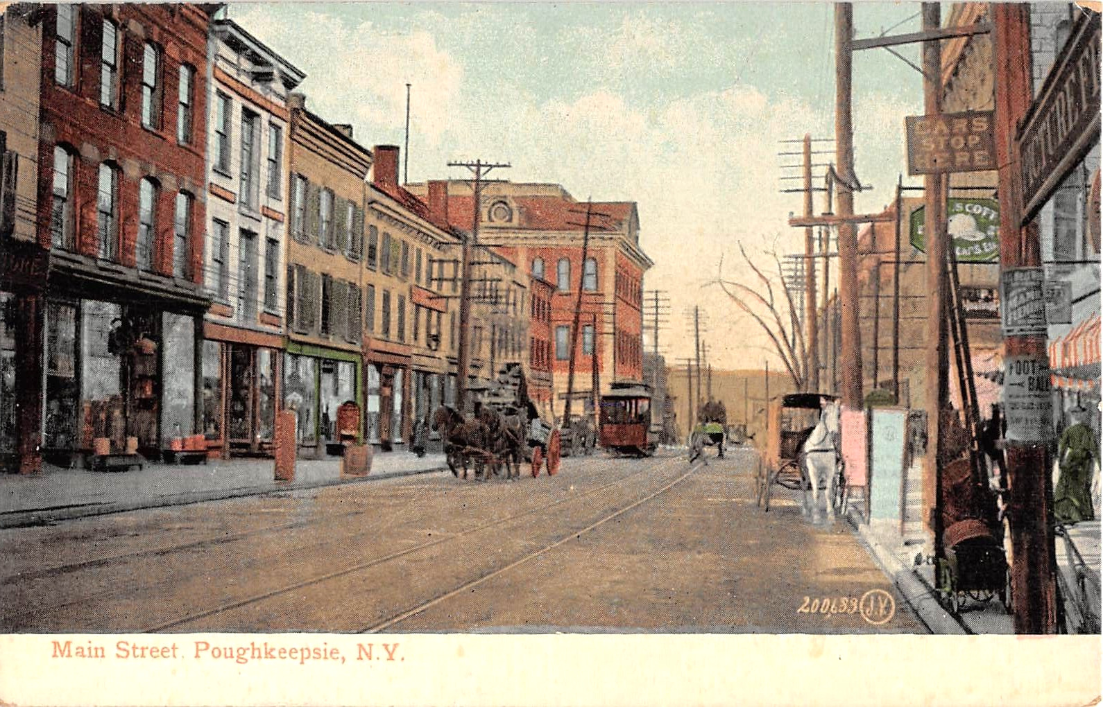 c.1908 Stores Trolley Main St. Poughkeepsie NY post card Dutchess county