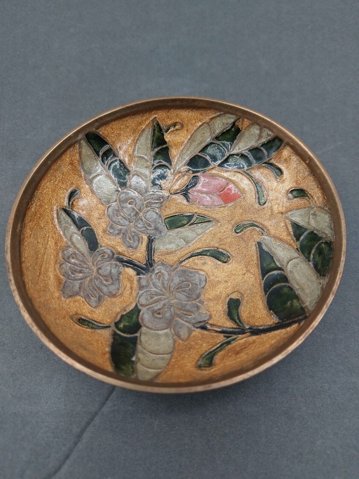 Vintage ENESCO IMPORTS Solid Brass Enameled Floral Design Trinket Bowl 4\