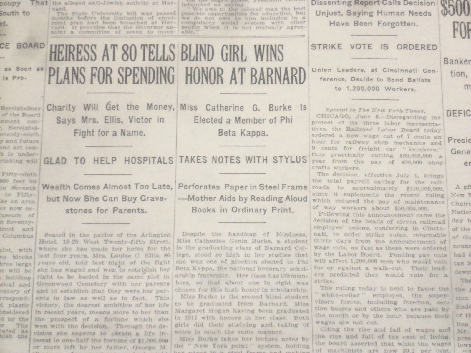 1922 JUNE 7 NEW YORK TIMES - BLIND GIRL WINS HONOR AT BARNARD - NT 8394