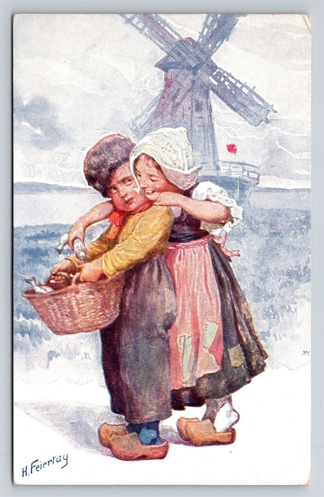 Dutch Children Fish Basket Windmill Artist Signed H. Feiertag Vtg Art Postcard 