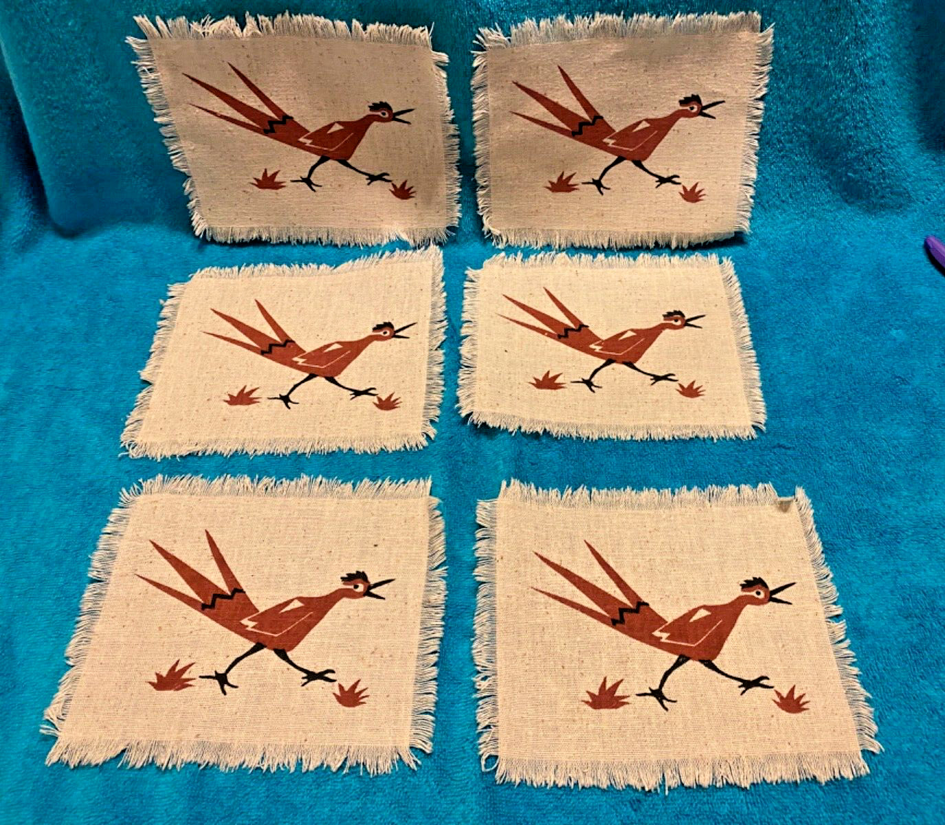 Lot of 6 Vintage RUNNING ROAD RUNNER Fabric Pieces (6.5 x 5.5)