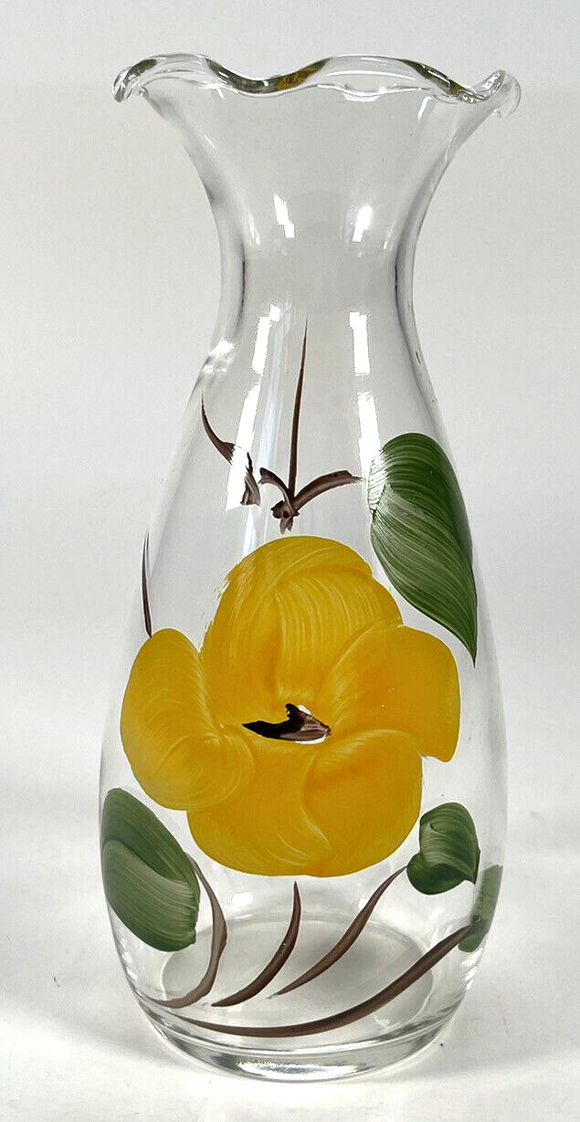 Vintage Bartlett Collin Clear Glass Vase Hand Painted Fruit 6 5/8\