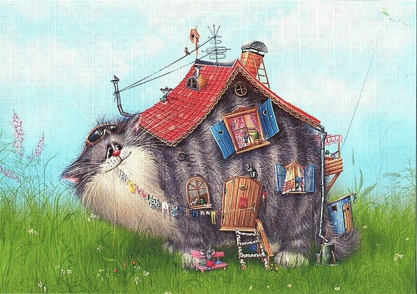 Funny CAT Mouse house Humor Fantasy ART Russian NEW modern postcard