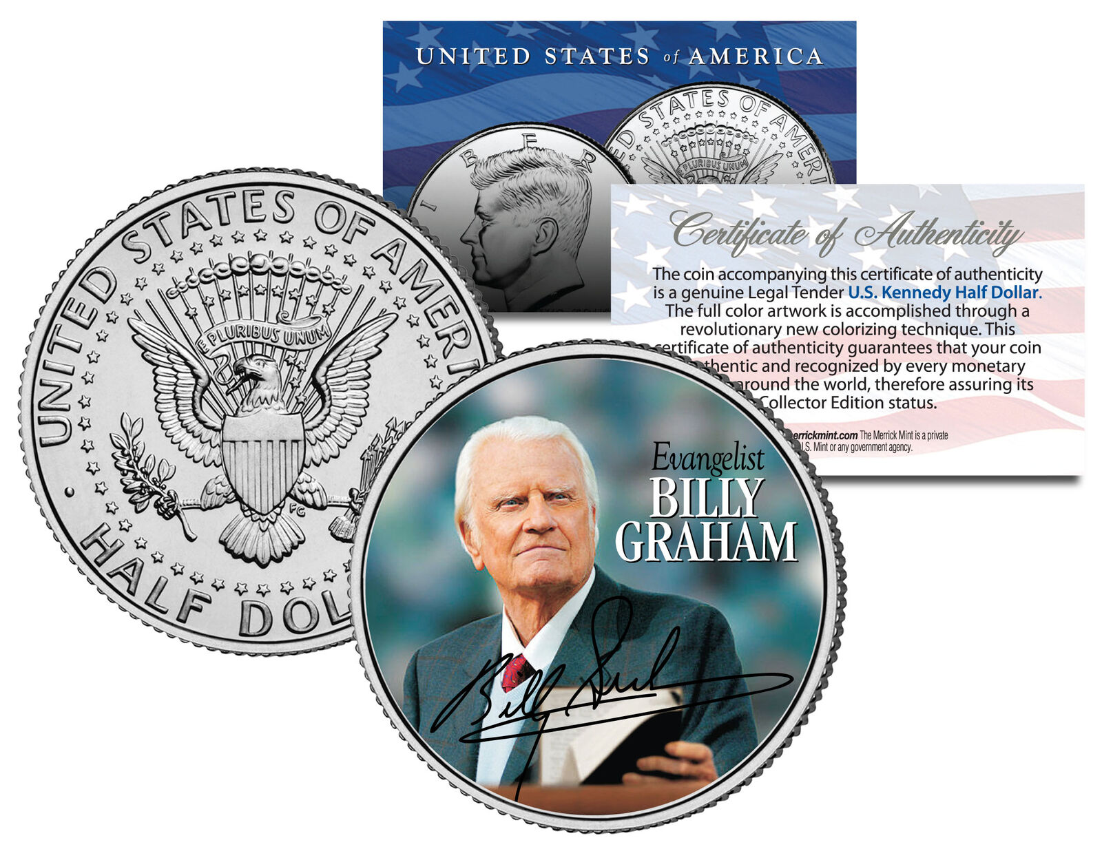 Rev. BILLY GRAHAM * Evangelical Preacher * JFK Kennedy Half Dollar U.S. Coin