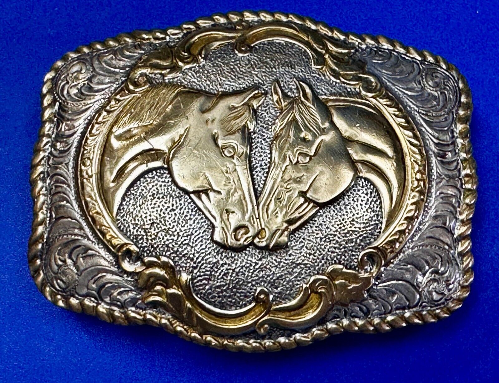 Two Horse Heads Vintage Crumrine Two Tone Western Belt Buckle