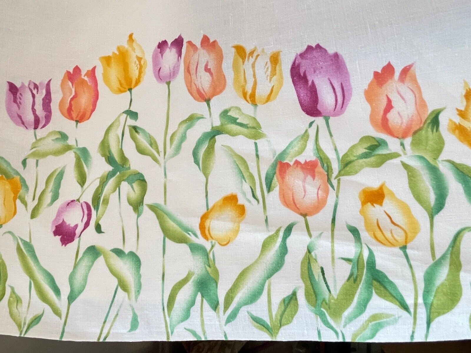 Vintage Colorful Linen Banquet Tablecloth with Blooming Tulips 62