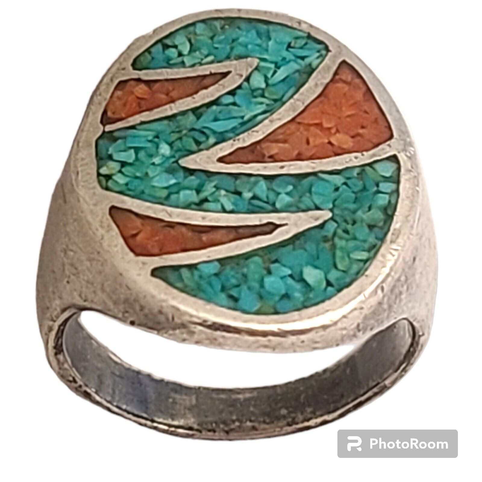 Navajo Sterling Silver Turquoise Coral Sacred Water Wave Chip Inlay Ringsz8.25