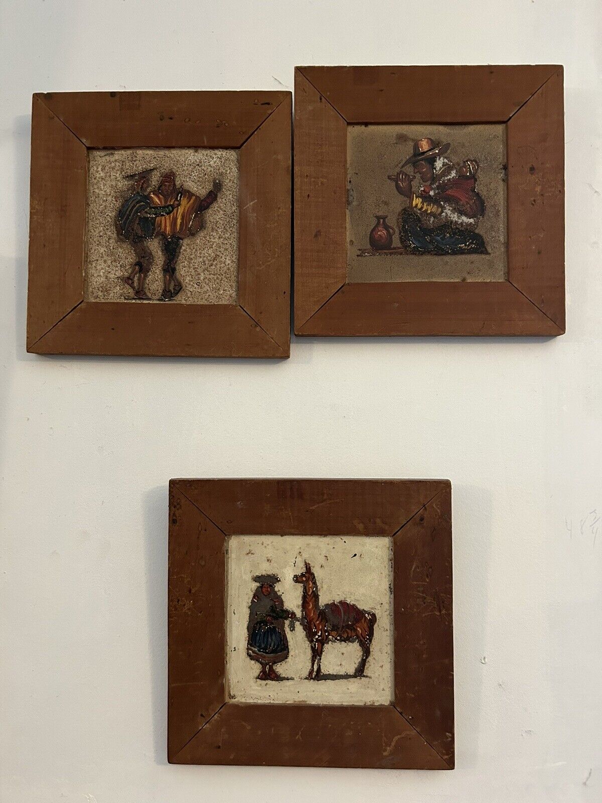3 vintage framed peruvian folk art tin paintings Each 9x9x1 Street Art Lima