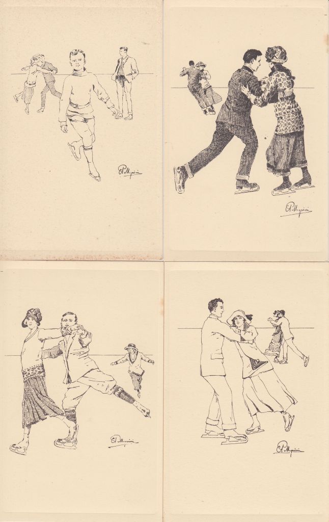 PILGRIMS SKATING Complete se of 12 Vintage Postcards with Folder, RARE (L3636)