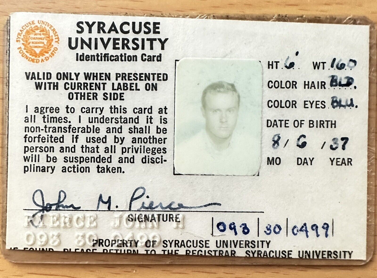 Vintage 1950’s Syracuse University New York Student Id Card
