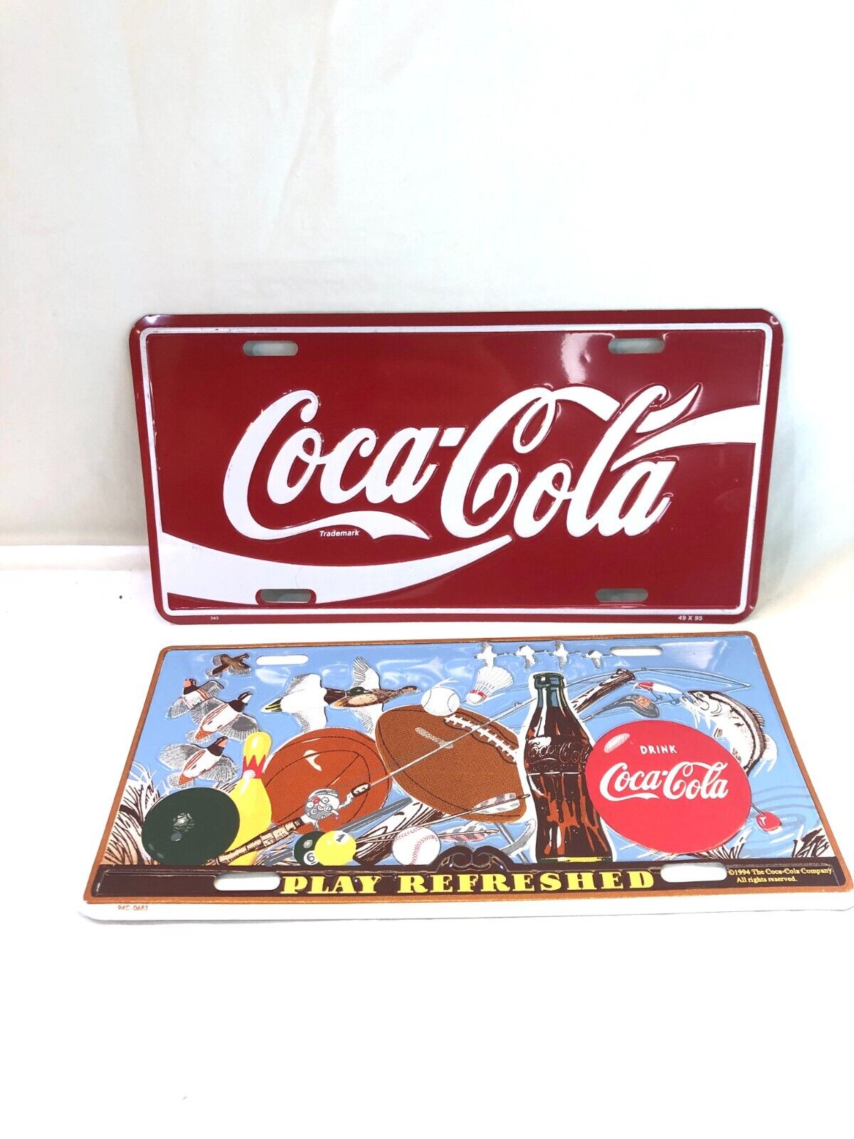 Vintage 1994 Coca Cola Play Refreshed & Regular Logo Tin License Plate Sign