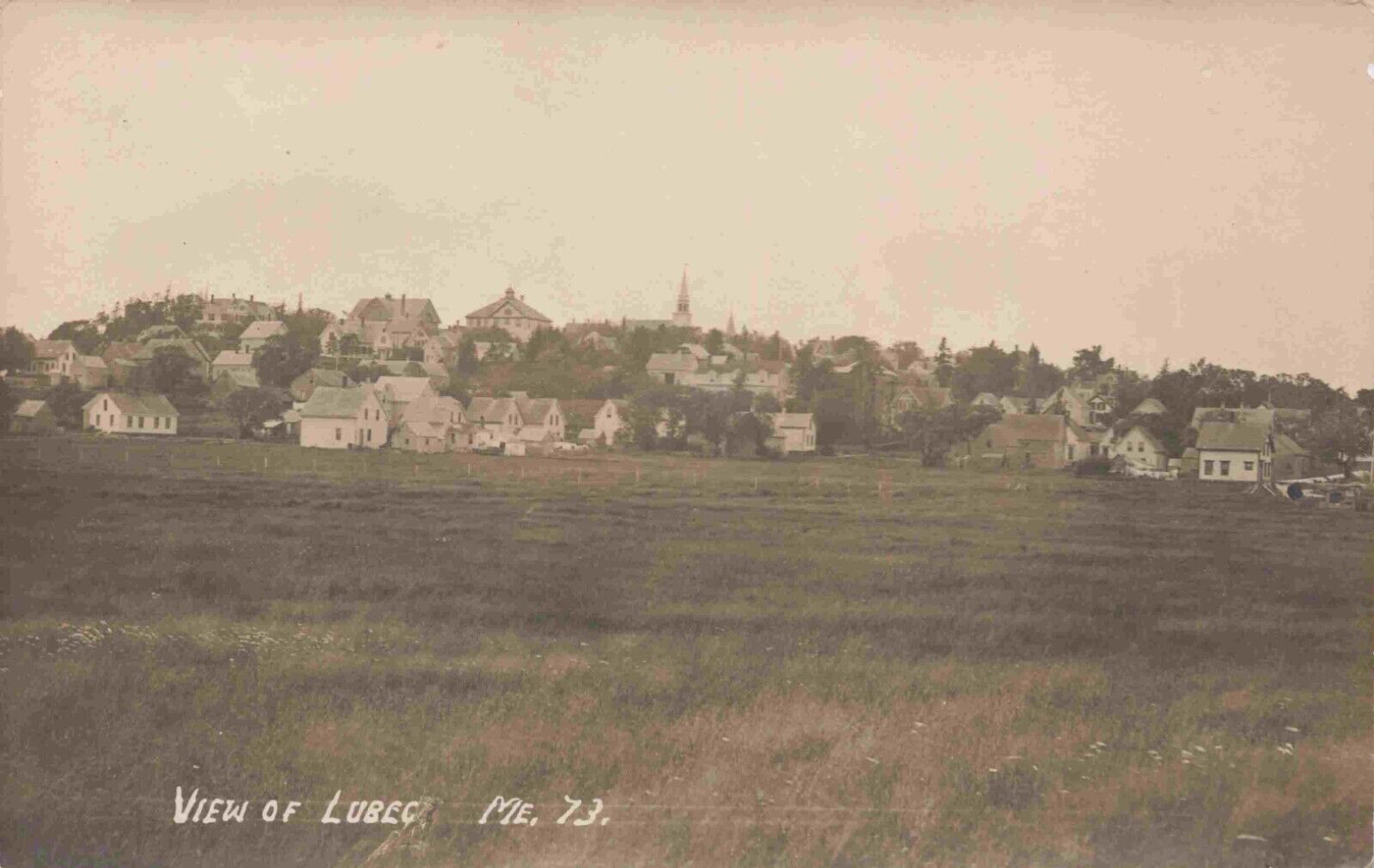 RPPC Lubec Maine View of Village Church on Hill Washington County Photo Postcard