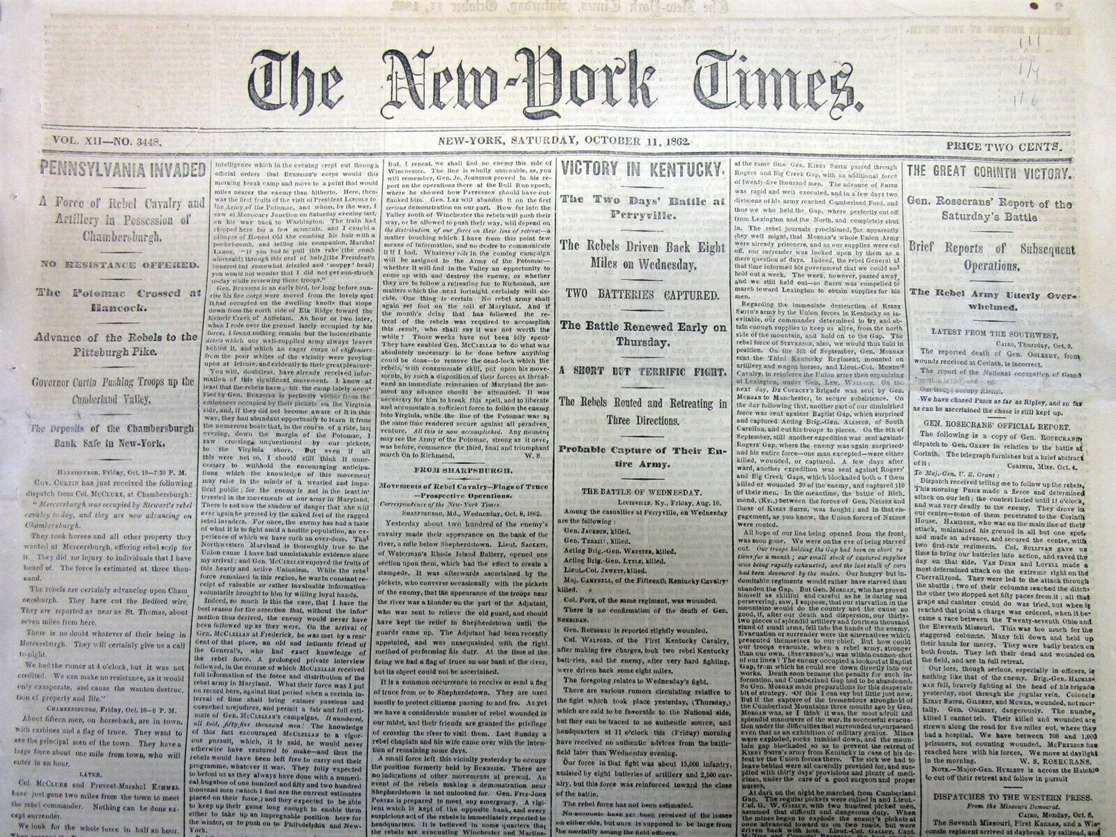 1862 NY TIMES CIVIL WAR newspaper CONFEDERATE JEB STUART CHAMBERSBURG PA RAID