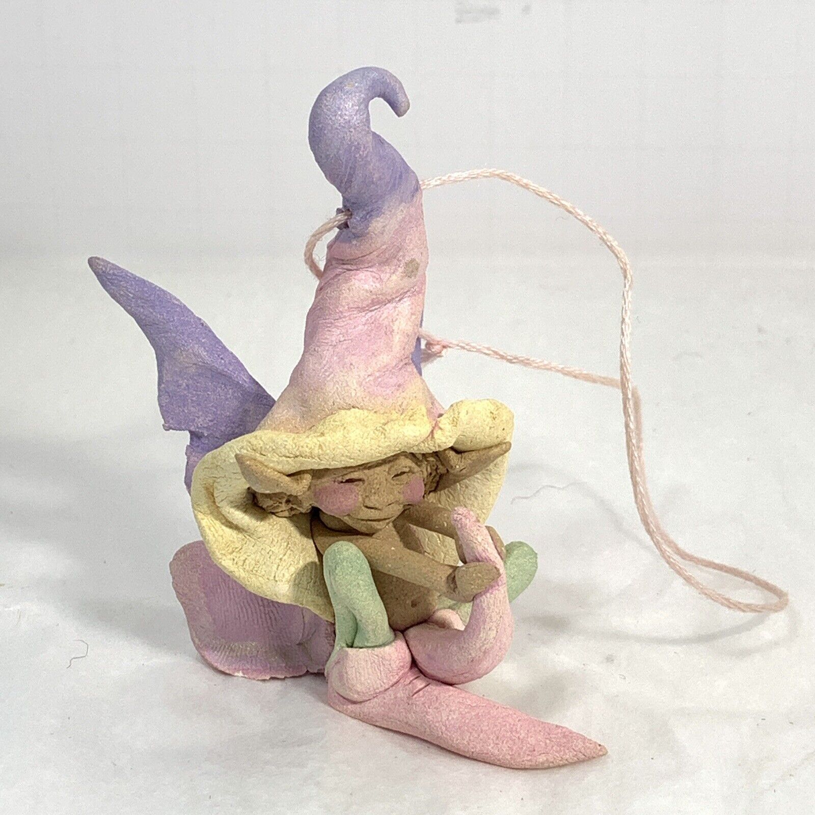 Handcrafted Ceramic Yoga Fairy Elf Christmas Ornament Pink Purple Yellow