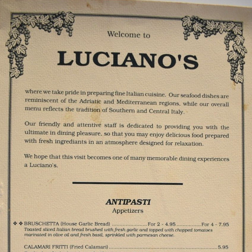 Vintage 1980s Luciano\'s Italian Restaurant Menu Partner Place Lexington Kentucky