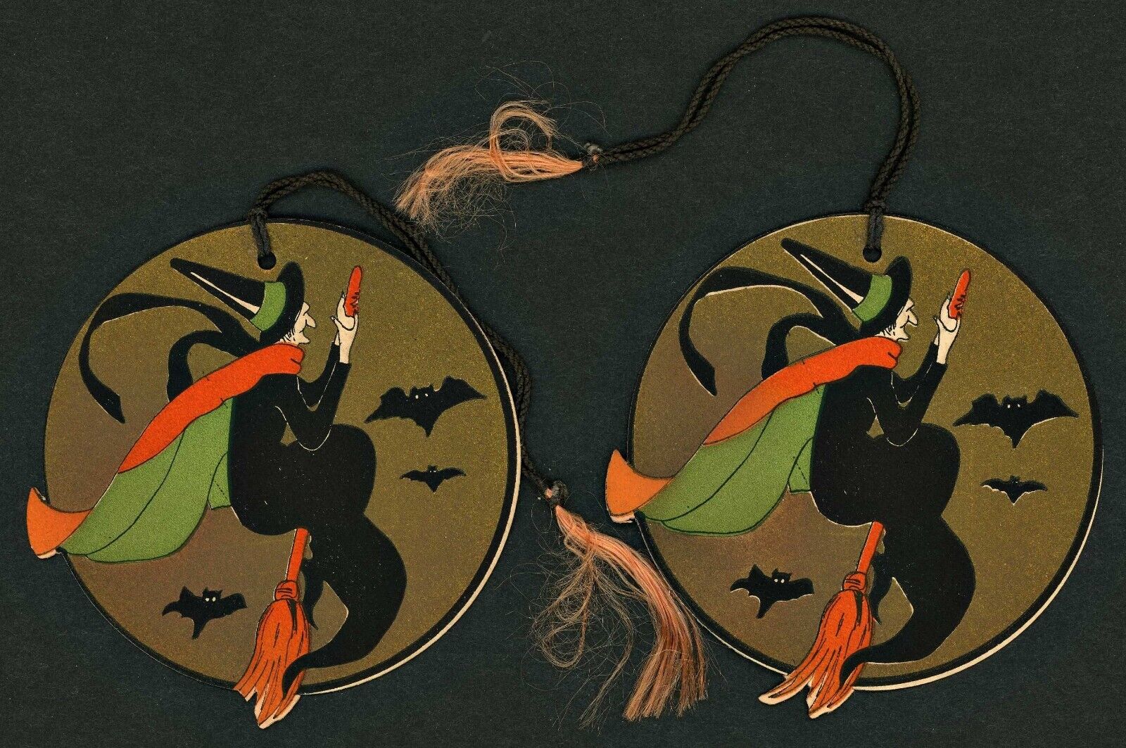1930s Vintage Halloween GIBSON Bridge Tally Witch Riding a Broom Bats