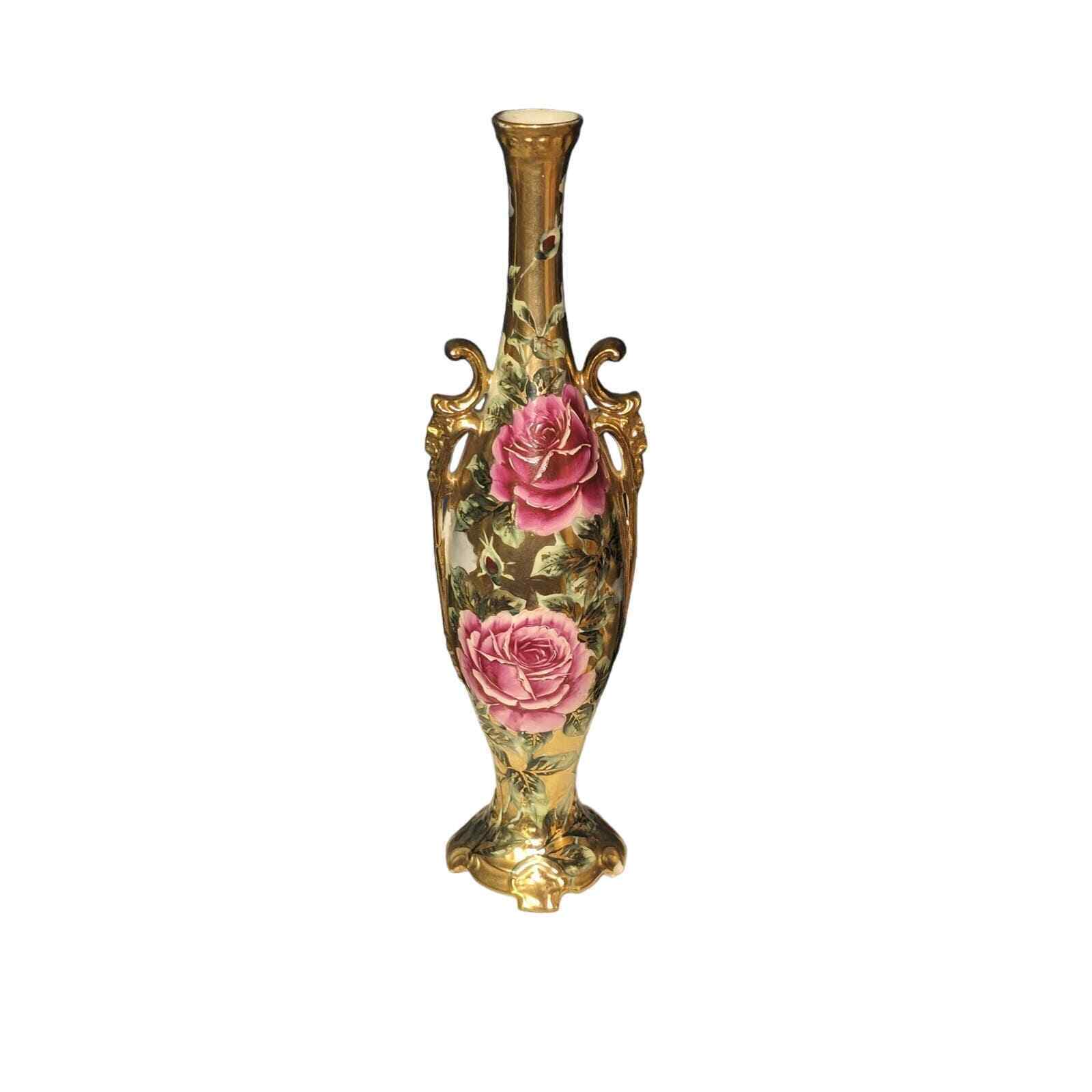 RARE Stunning Antique Handpainted Cabbage Rose Vase with 22K Gold Accents