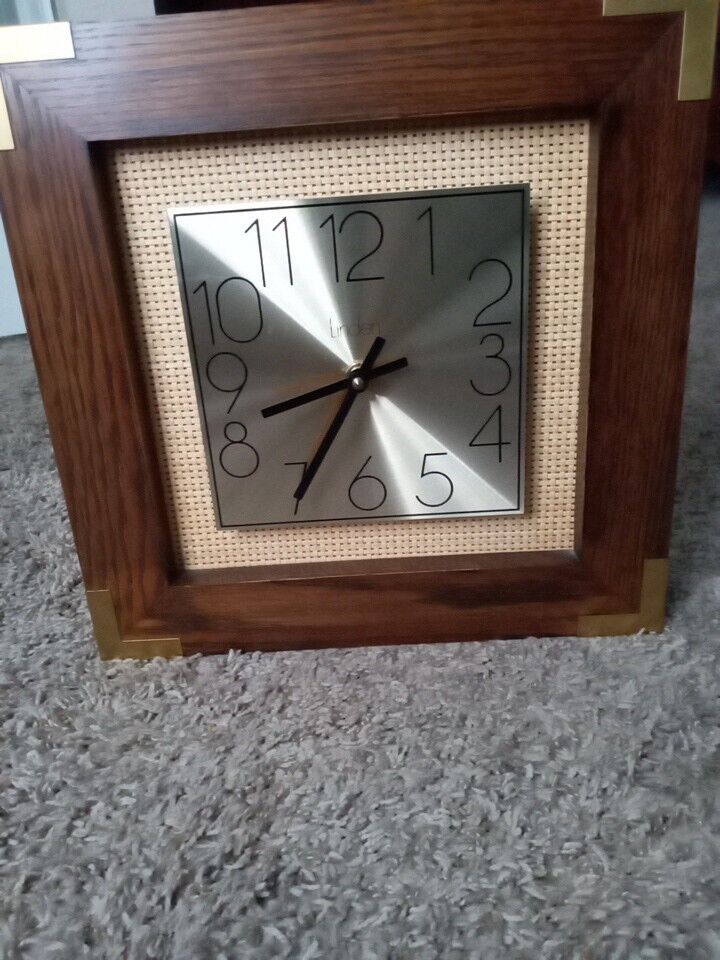 Vintage Linden Quartz Wood Brass Square Clock Woven Detail 13.5 X 13.5”