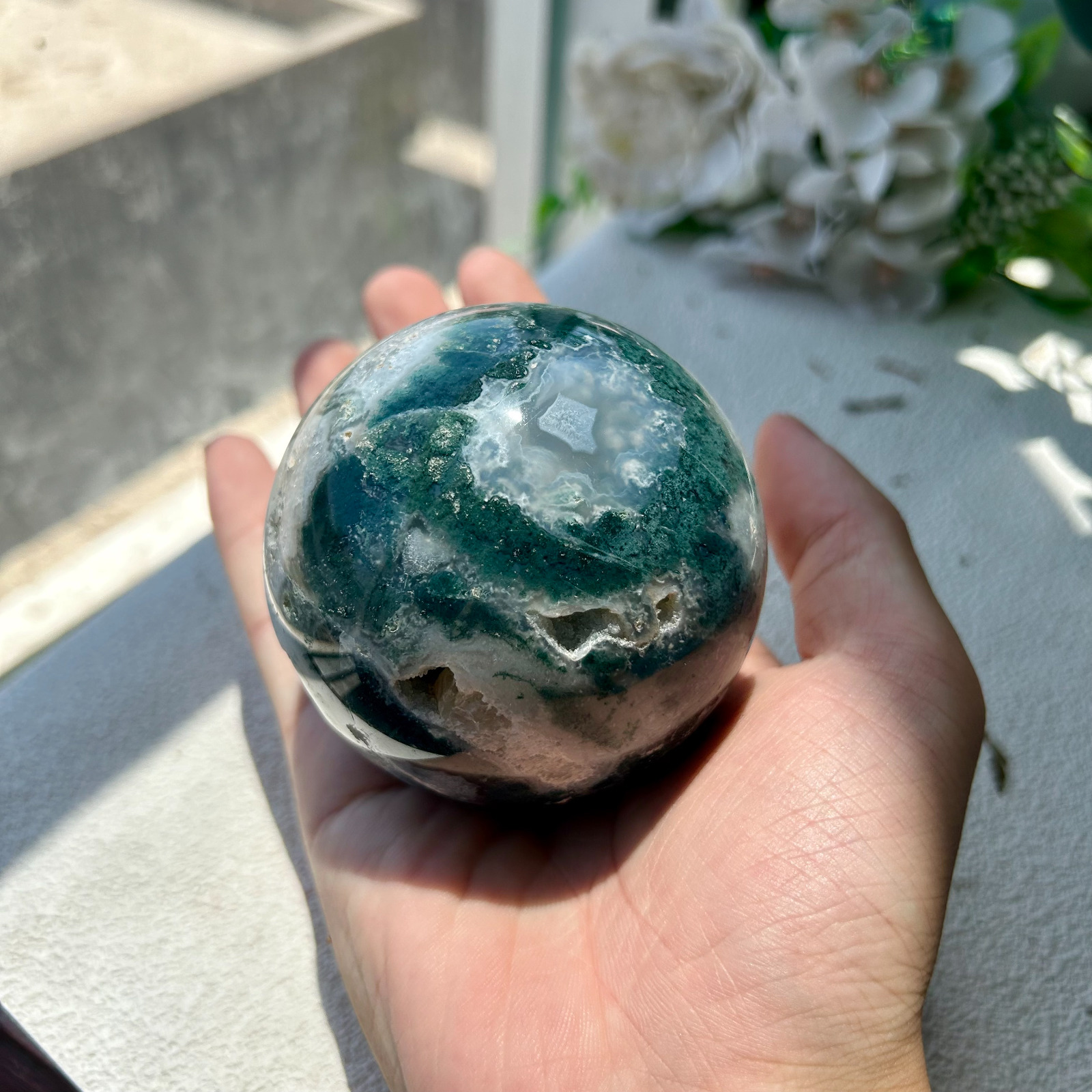 530g 74mm Natural Moss Agate Sphere Geode Druzy Quartz Crystal Ball 66th